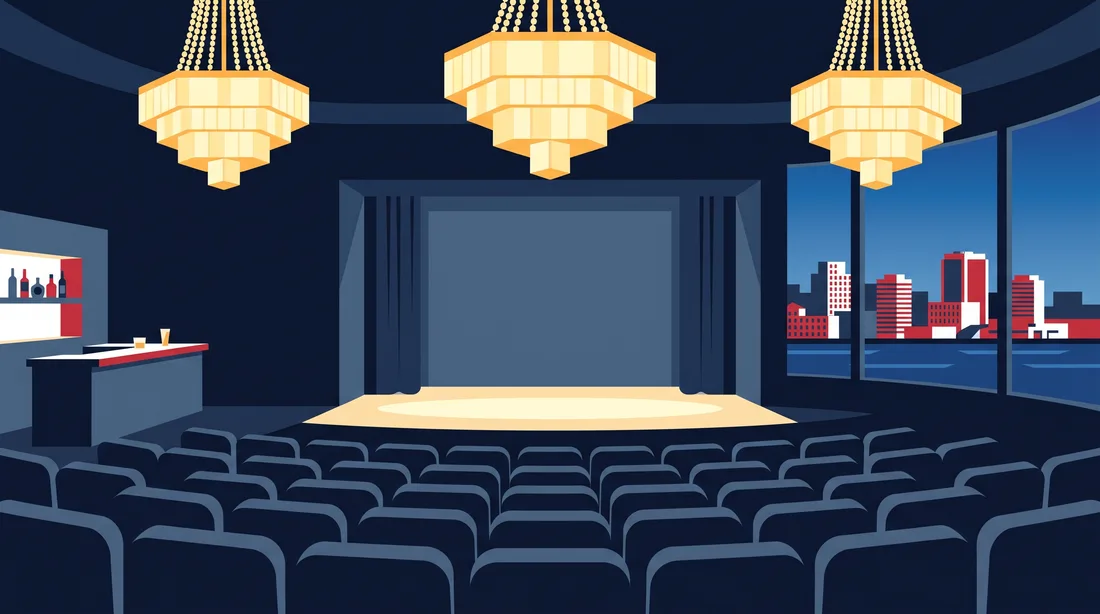 Illustration: an empty theatre with rows of navy seats, a lit stage and three chandeliers glowing warm yellow.